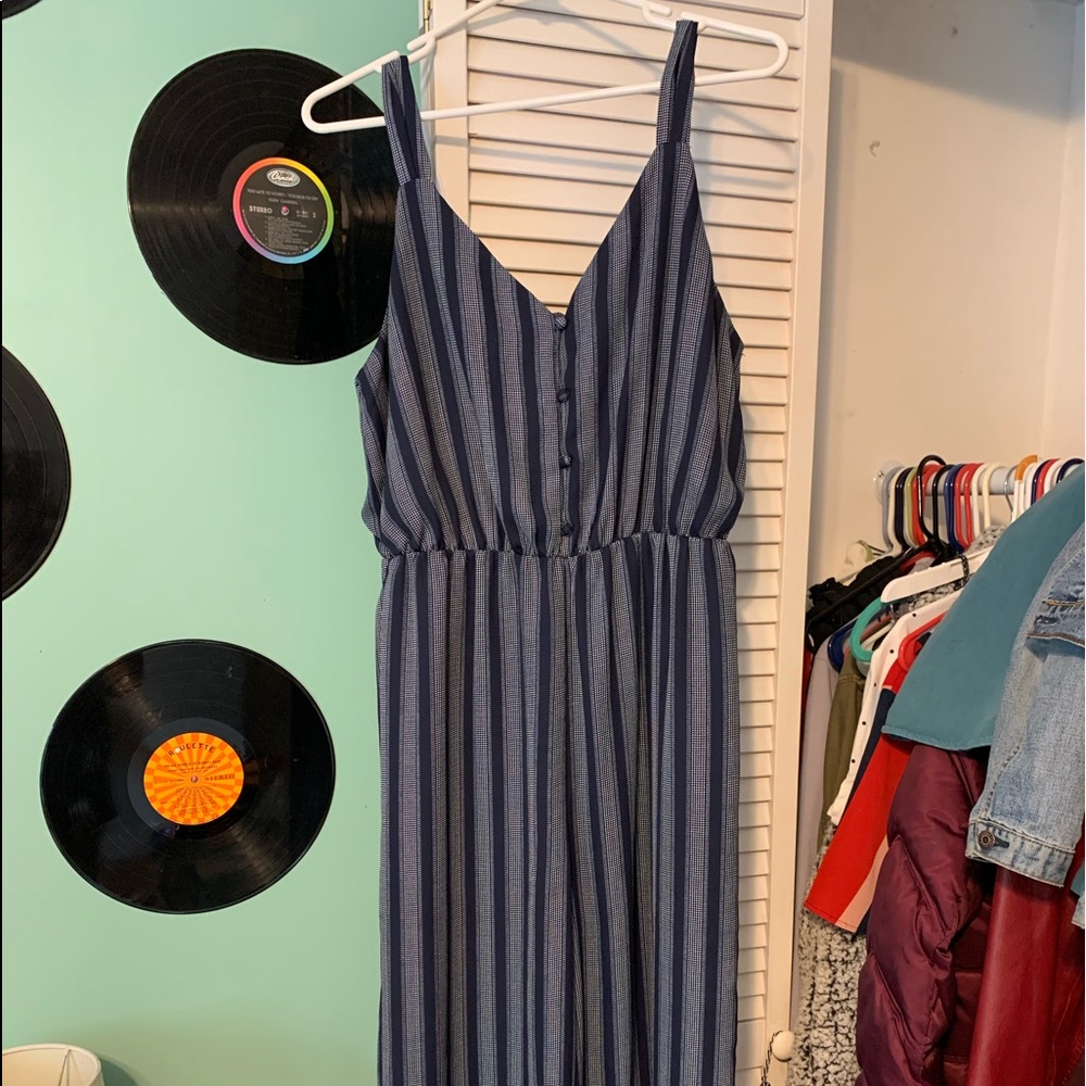 Sienna Sky navy blue striped jumpsuit